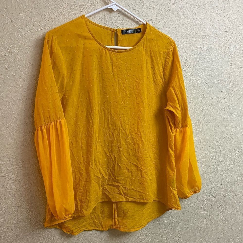 CURE Mustard Yellow Textured Fall Long Balloon Puff Sleeve Blouse small